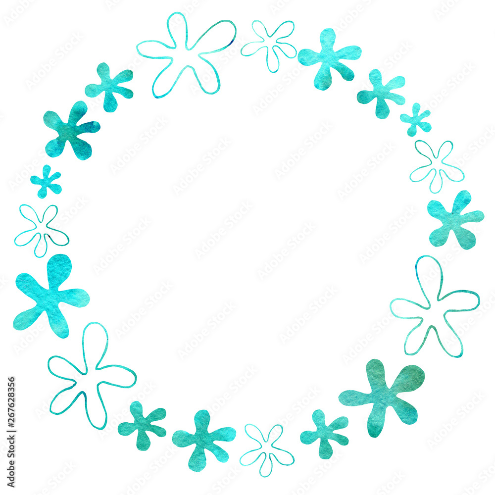 Round frame of flowers. Watercolor drawing with a contour stroke on a white background, for the design of invitations, cards. Round frame of flowers. Watercolor drawing with a contour stroke on a white background, for the design of invitations, cards.