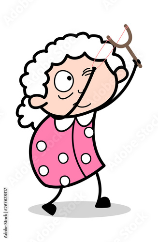 Aiming with Sling Shot - Old Woman Cartoon Granny Vector Illustration