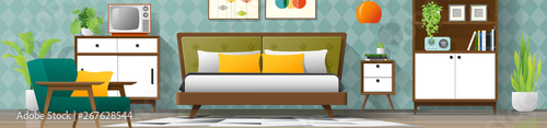 Vintage interior background with mid century modern bedroom , vector , illustration