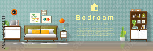 Vintage interior background with mid century modern bedroom , vector , illustration