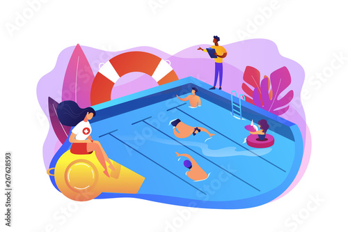 Tiny adult people swimming in the pool, coach and lifeguard. Swimming and lifesaving classes, swimming for adults, open water classes concept. Bright vibrant violet vector isolated illustration