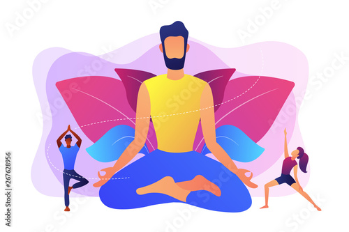 Teacher meditating in lotus pose and tiny people learning to do yoga exercises. Yoga school, open yoga studio, learn more about practice concept. Bright vibrant violet vector isolated illustration