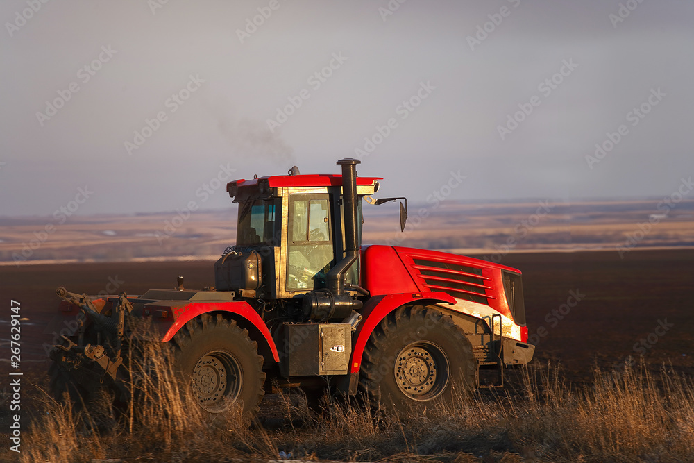 Fototapeta premium Big red tractor on the background of plowed field. The beginning of the planting season in farms.
