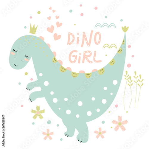 Postcard with cute dinosaur  inscription and hearts on white background. Vector design.