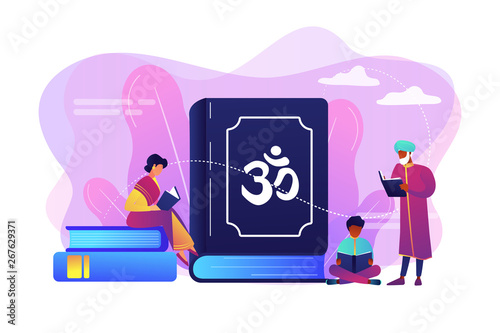 Indian family in traditional clothes reading Hindu texts, tiny people. The Vedas, Books of Knowledge, Hindu sacred text and Hinduism beliefs concept. Bright vibrant violet vector isolated illustration