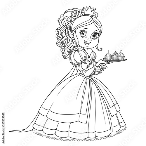 Beautiful princess with cupcakes on a plate outlined for coloring book isolated on white background