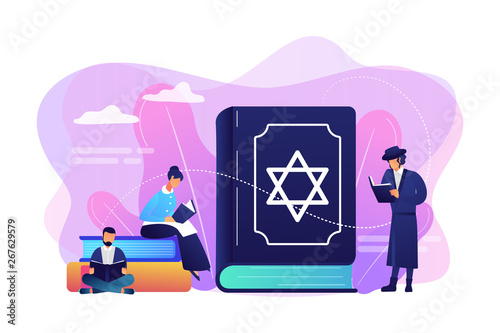 Jews in national costumes reading about religion, Torah, tiny people. Torah Judaism holy book, Jewish Beliefs on Jesus, orthodox Judaism concept. Bright vibrant violet vector isolated illustration
