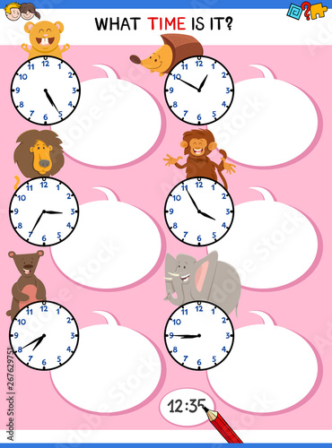 telling time educational worksheet with animals