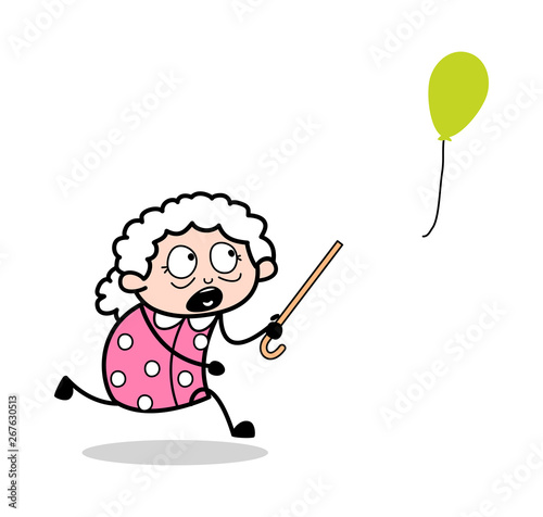 Running to Catch the Balloon - Old Woman Cartoon Granny Vector Illustration