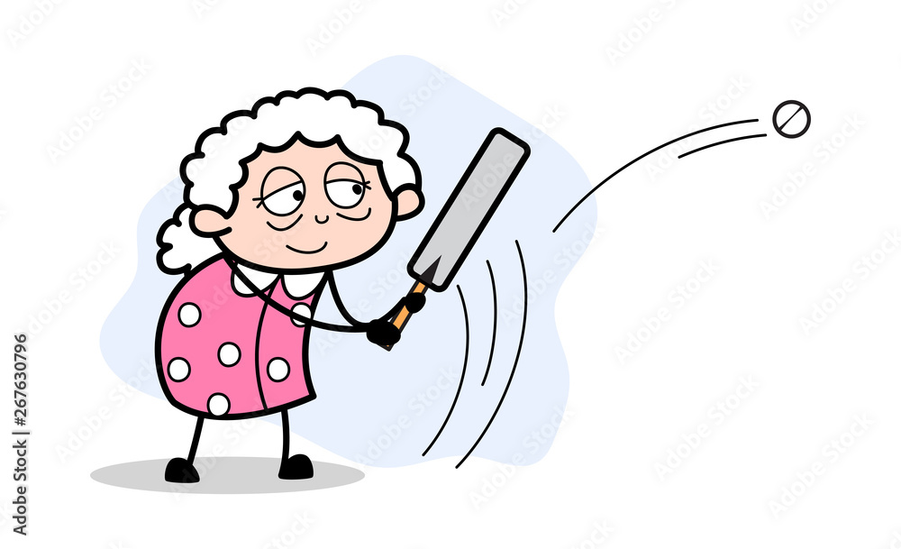 Fototapeta premium Playing Cricket - Old Woman Cartoon Granny Vector Illustration