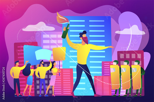 Tiny people protesters against politics with molotov cocktail and riot police. Mass demonstration, mass riots protest, violent massive march concept. Bright vibrant violet vector isolated illustration