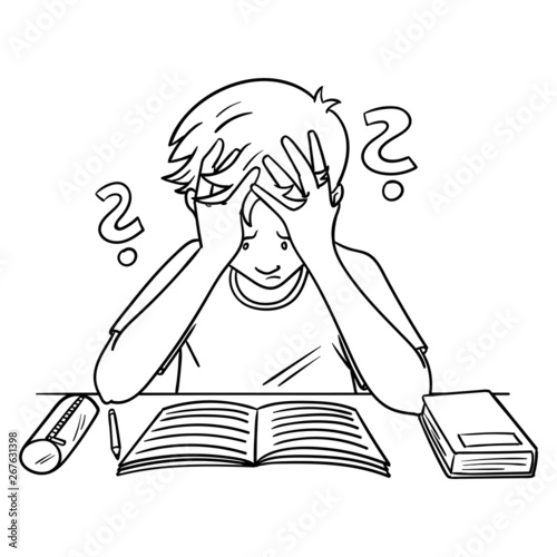 Vector illustration of a boy sitting in front of his homework and pulling his hair because he does not understand anything. desperate, stress, outline, cartoon, question mark, isolated.
