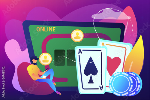 Businessman with smartphone playing poker online and casino table with cards and chips. Online poker, internet gambling, online casino rooms concept. Bright vibrant violet vector isolated illustration