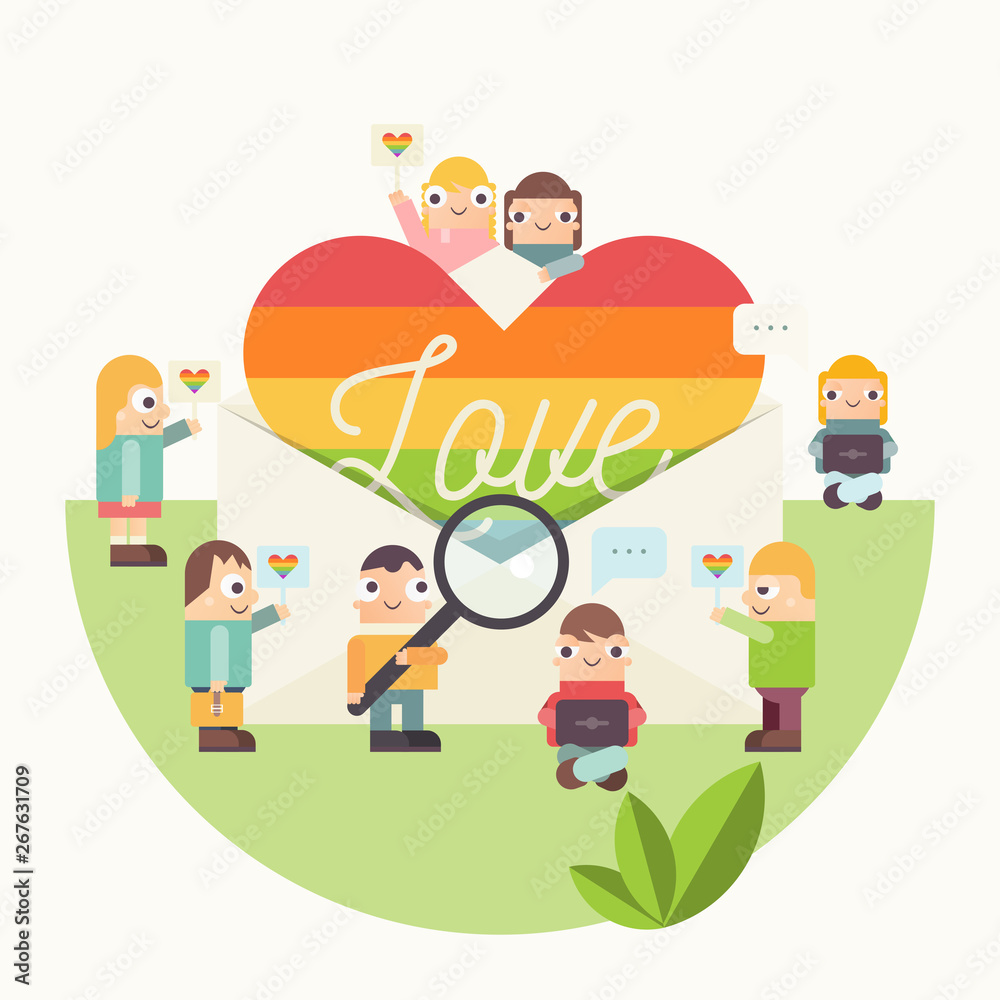 LGBT People Community Poster. LGBTQ Group of Cartoon Cute People is near Rainbow Heart in Envelope with text Love. Human Rights Concept. Vector Illustration. Emblem for Love Parade or Online Dating. LGBT People Community Poster. LGBTQ Group of Cartoon Cute People is near Rainbow Heart in Envelope with text Love. Human Rights Concept. Vector Illustration. Emblem for Love Parade or Online Dating.
