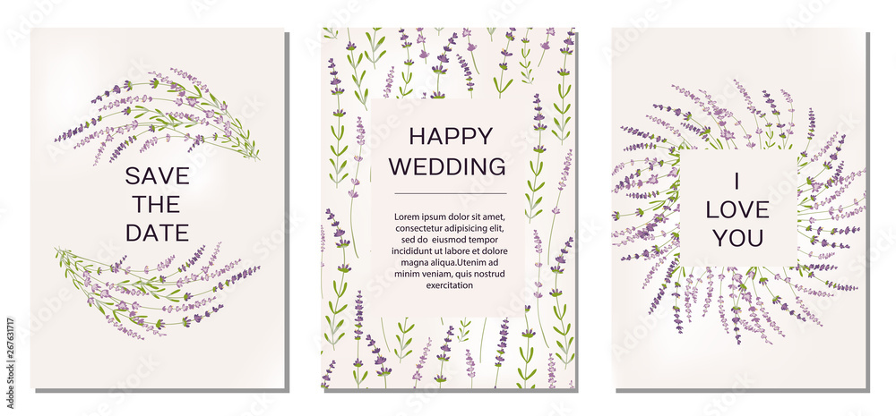 Fototapeta premium Wedding invitations set with lavender flowers on background
