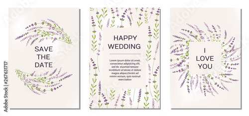 Wedding invitations set with lavender flowers on background
