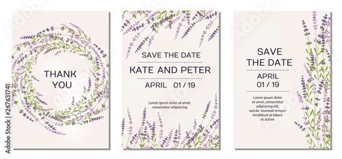 Wedding invitations set with lavender flowers on background