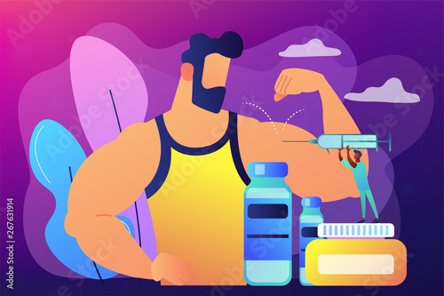 Tiny people doctor with syringe doing anabolic steroids injection to an athlete. Anabolic steroids, anti-aging aid, illegal sport drugs concept. Bright vibrant violet vector isolated illustration