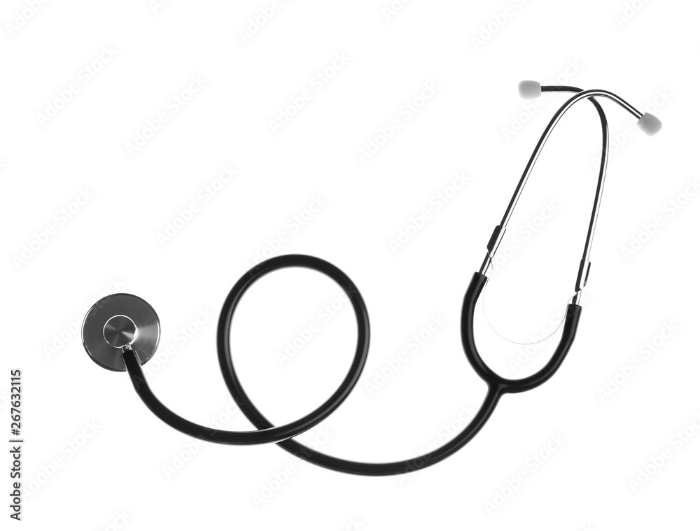 Stethoscope on white background, top view. Medical device Stethoscope on white background, top view. Medical device