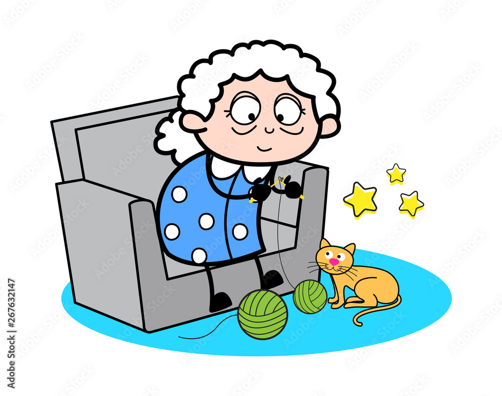 Weaving Wool with Cat - Old Woman Cartoon Granny Vector Illustration