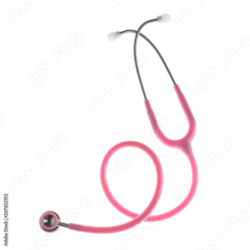 Stethoscope on white background, top view. Medical device