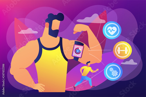 Fitness man doing workout with smart digital gadget for keeping fit exercises. Smart training, smart training tools, new gym technology concept. Bright vibrant violet vector isolated illustration