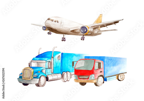 Watercolor transport concept of freight transport. Airplane and two trucks of low tonnage and multi-tonnage. On white background isolated. For logistics and transportation