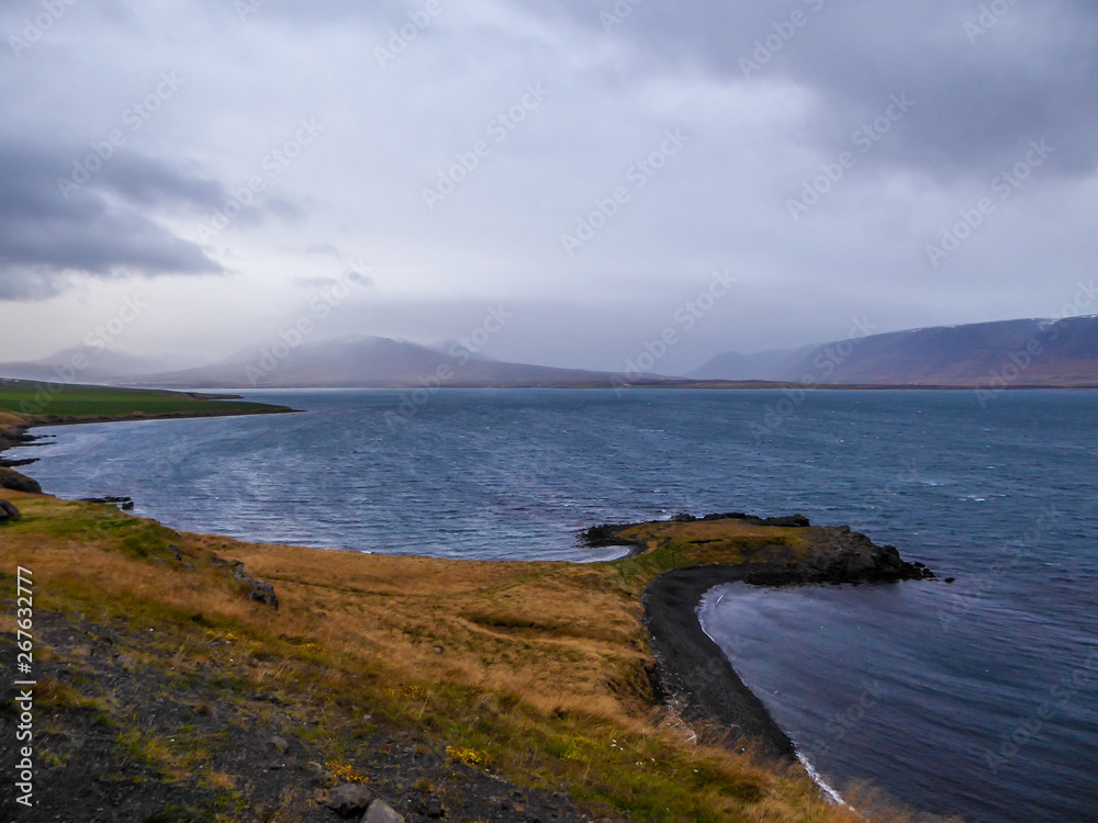 Grassy coast of the fjord with tall mountains in the back. The grass has green shades. Water of the fjord is calm. Great overcast. A headland covered with lava stones. Taller mountains in the back
