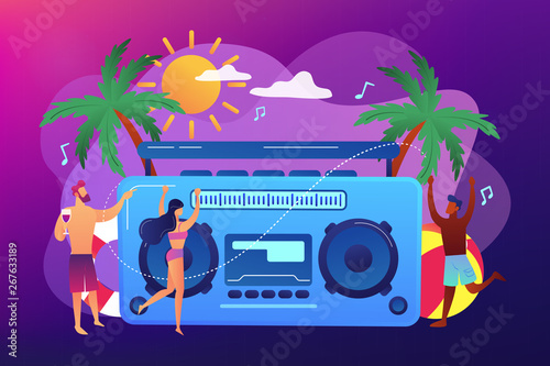 Young tiny people dancing on the beach in swimming suits and shorts at party. Beach party, sand dance floor, beach party invite concept. Bright vibrant violet vector isolated illustration