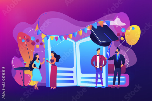 Tiny people high school students in dresses and suits chatting at promenade dance. Prom party, prom night invitation, promenade school dance concept. Bright vibrant violet vector isolated illustration