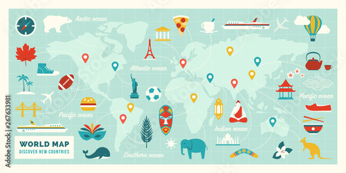 World map with travel routes, destinations and landmarks