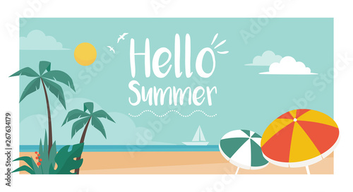 Hello summer vacations postcard with tropical beach