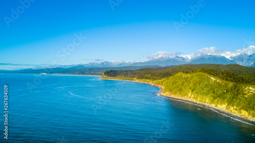 Wallpaper Mural Remote rocky coastline with native forest and snowy mountain peaks on the background. West Coast, South Island, New Zealand Torontodigital.ca