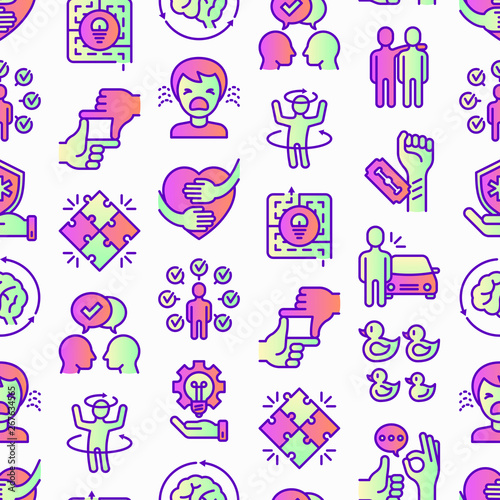 Autism symptoms seamless pattern with thin line icons: repetitive behavior, stereotypy, ignoring of danger, autoaggression, hysterics, communication, social interaction. Modern vector illustration.