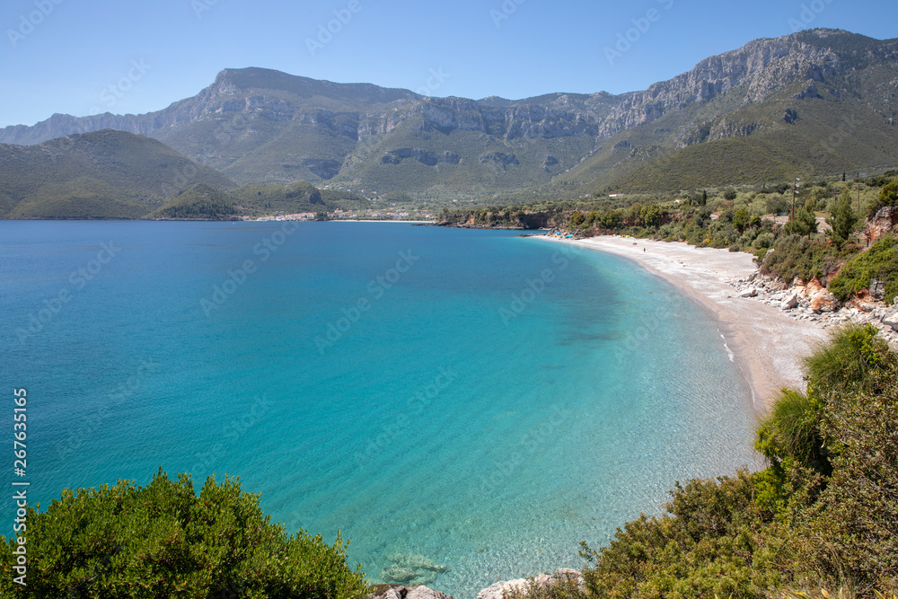 Amazing landscape of the Agia Kyriaki beach in the Kiparissi Lakonia village, Peloponnese, Zorakas Bay, Greece, May 2019.