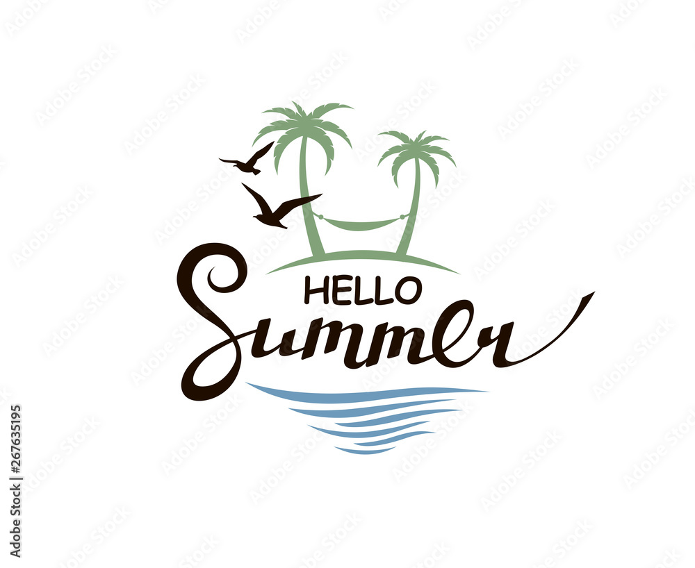 Naklejka premium emblem of hello summer lettering with beach isolated on white background