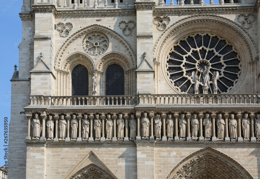Detail of facade of Notre Dame de Paris in France