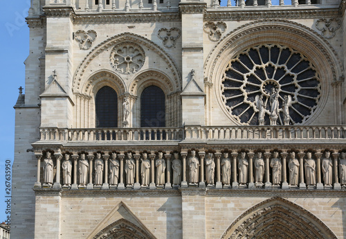 Detail of facade of Notre Dame de Paris in France