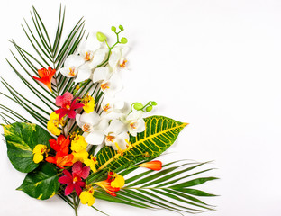 Composition with fresh tropical leaves and exotic flowers on white background.