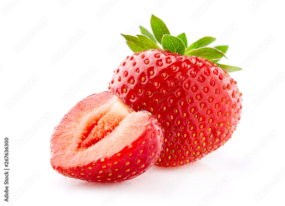 Ripe strawberry with slice in closeup - obrazy, fototapety, plakaty 