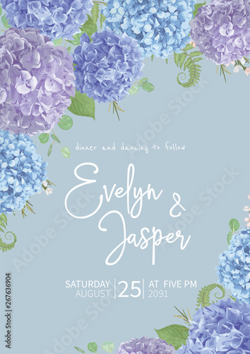 Wedding, watercolor seasonal flower card.Leaves, blooming branches eucalyptus, gaultheria, salal, chamaelaucium, seasonal fern.Blue, purple, of hydrangea. vector design frame.Isolated and editable