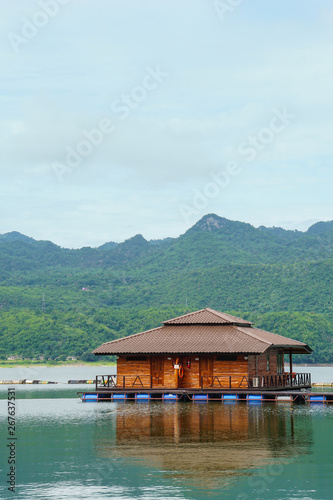 wooden floating raft house resort by mountain Kanchanaburi, Thailand