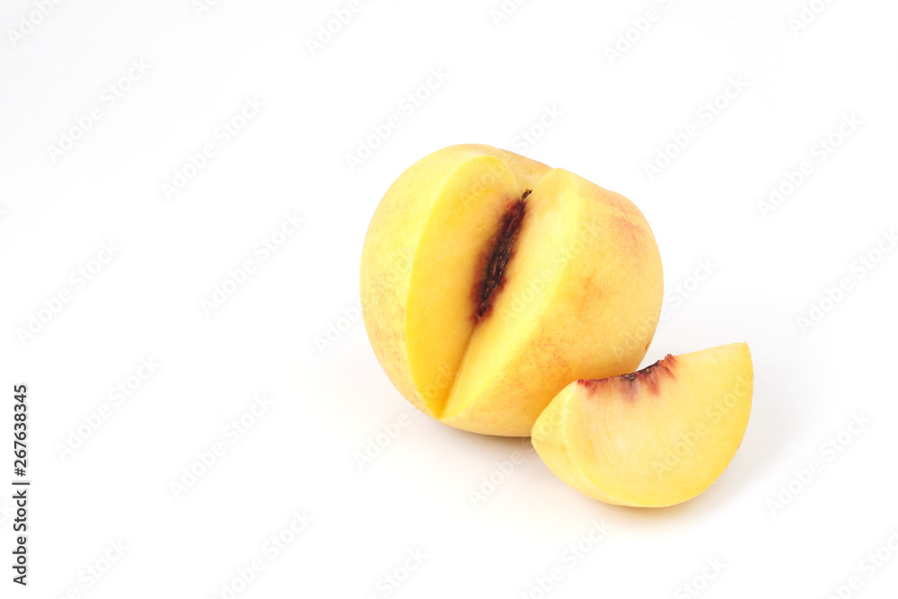 Fresh peach fruit slice isolated on white background