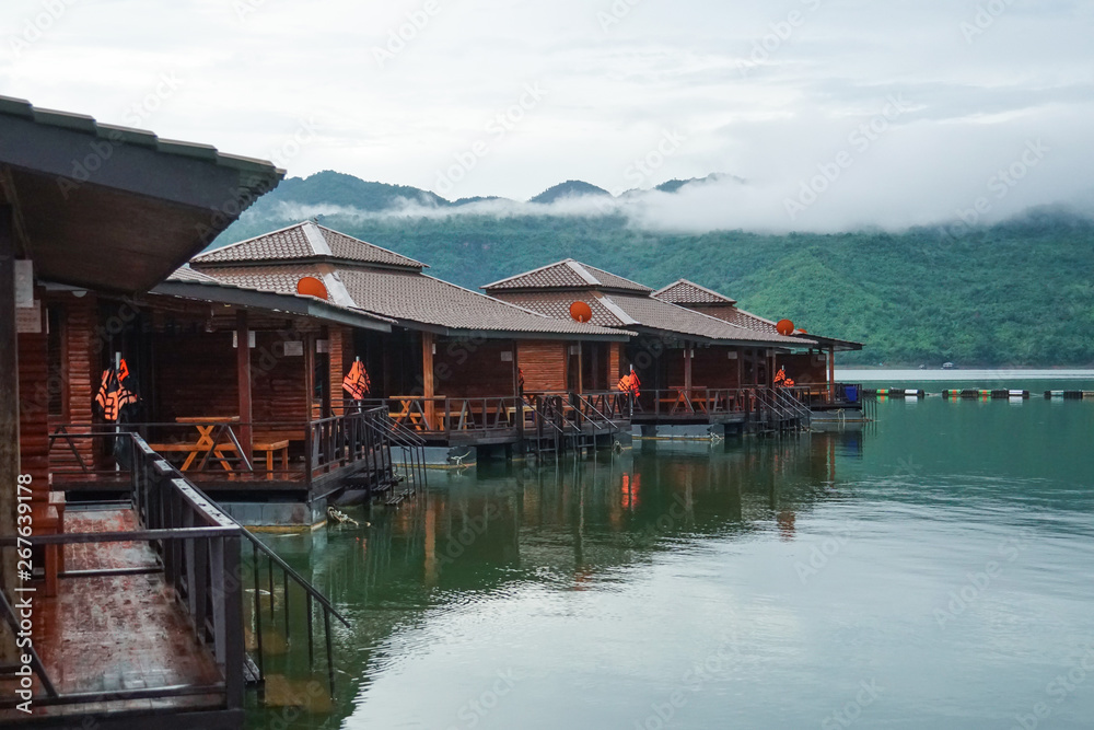 wooden floating raft house resort by mountain Kanchanaburi, Thailand