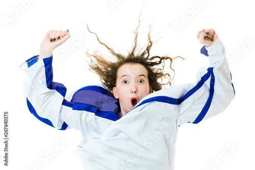 Hockey fan in jersey in color of Finland cheer, celebrating goal.
