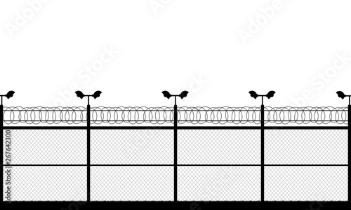 Prison tower, checkpoint, protection territory, watchtower, state border,military base. Street camera on the pillar. Fence wire mesh barbed wire, seamless vector silhouette