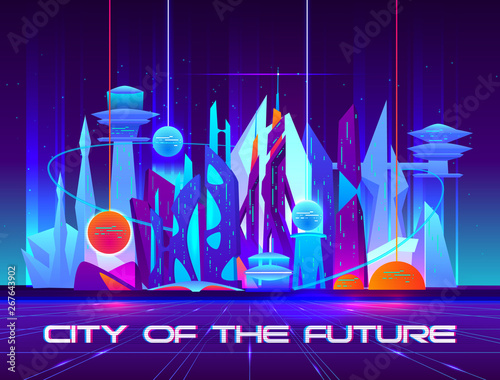 City of future at night with vibrant neon lights and shining spheres. Urban landscape, Futuristic metropolis with glowing buildings and skyscrapers. Cartoon vector illustration.