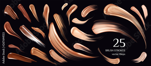 Skin foundation brush strokes collection. Smears of beauty cosmetics elements isolated on black background. Splash trace make up texture cosmetic swatch, smudge sample Realistic 3d vector illustration