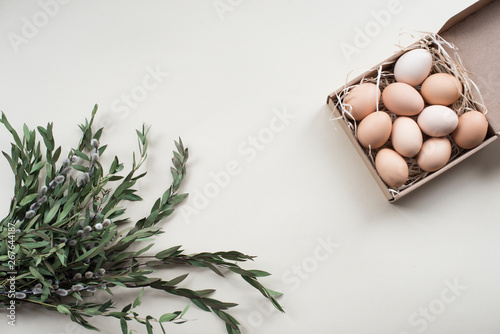 Closeup Raw fresh organic farm chicken eggs, brown color, in craft box with a eucalyptus twig  on a light background  , banner, Flat lay. Natural eco Happy Easter card.