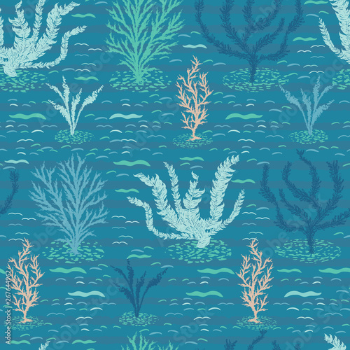 Hand drawn coral reef ocean sealife seamless pattern. Tropical marine vector illustration. Under the sea water background. Nautical beach textiles, coastal kids fashion all over prints. Turquoise blue